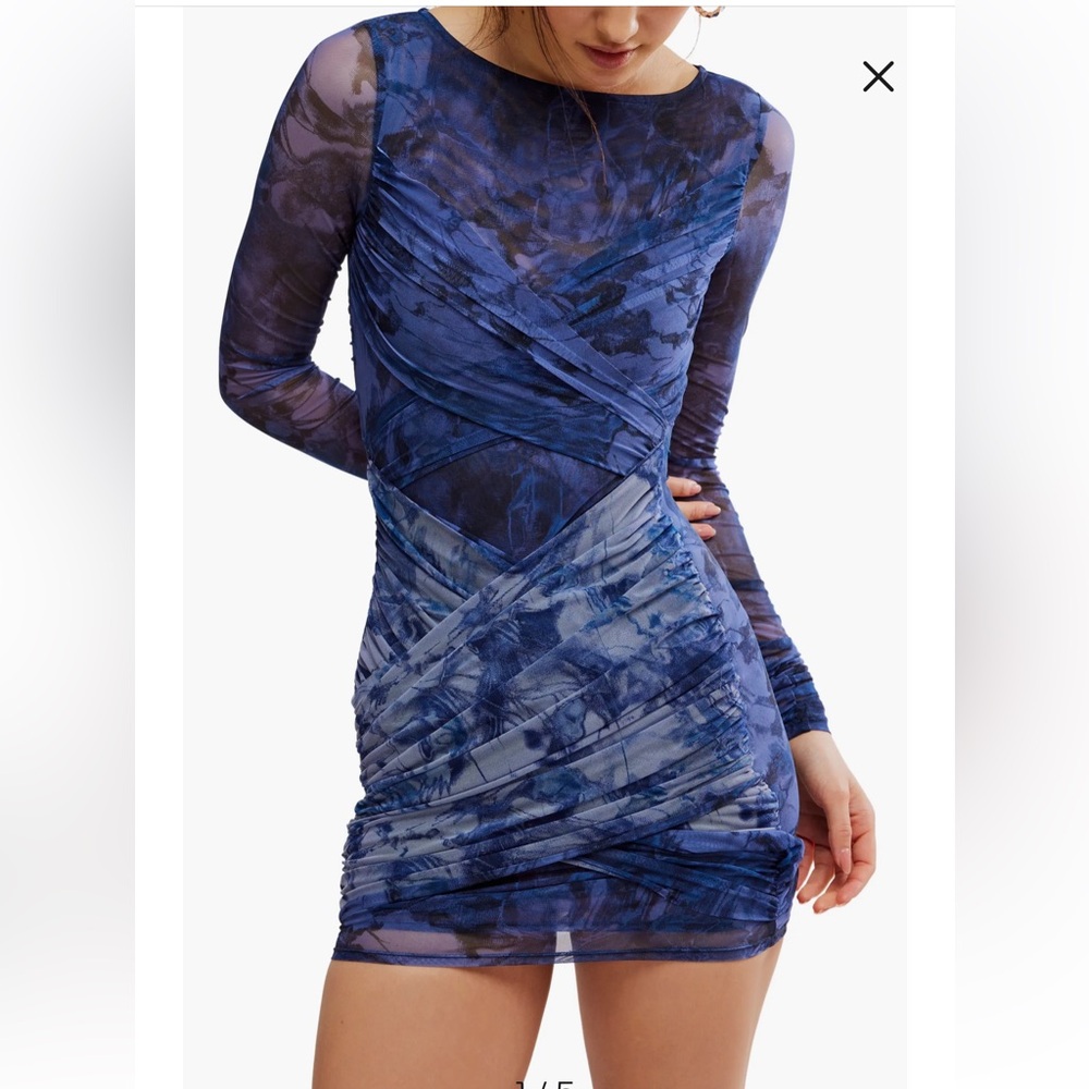 Free People Blue Sheer Long Sleeve Ruched Mini Dress